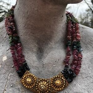 Silver Gilt Tourmaline Necklace triple strand. -  15 1/2'